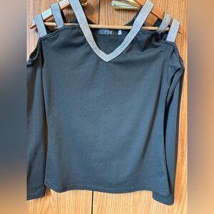 CBR Black Cold-Shoulder Top with Silver Trim